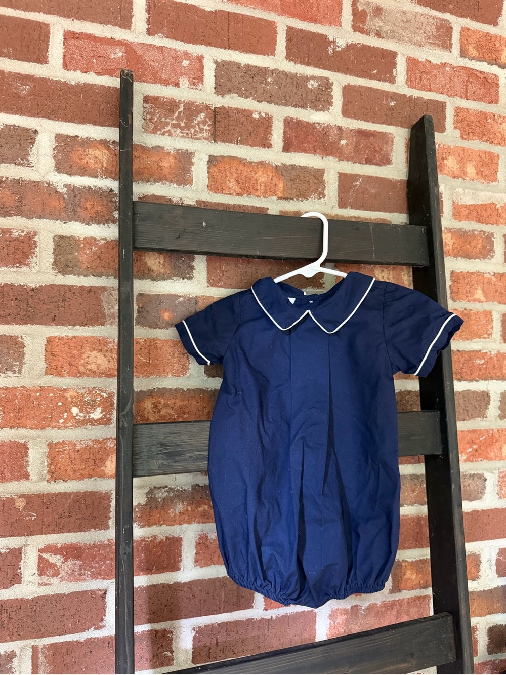 Navy Short-Sleeve Baby One-Piece with White Piping